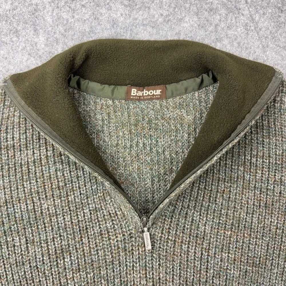 Barbour Sweater Mens XL Green Tyne Zip Neck 100% Pure Wool Heavy Knit Scotland